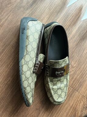 Gucci Brown & Beige GG Canvas Leather-Trim Loafers